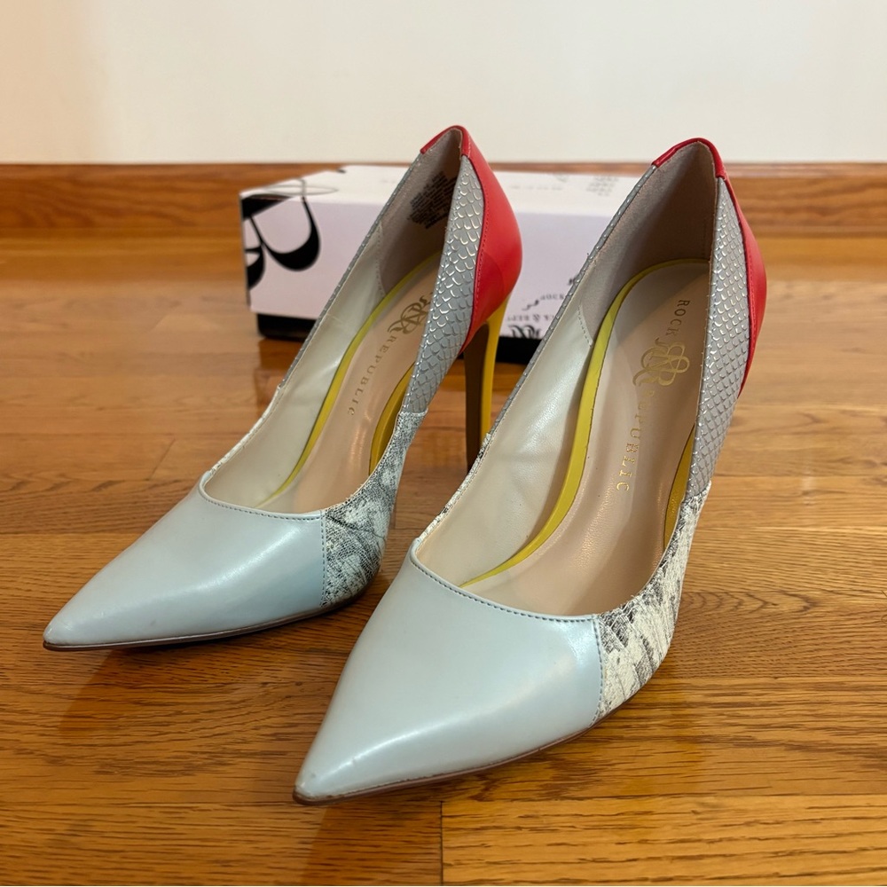 Rock & Republic Multi Color Heels Blue Yellow Red and Snakeskin - Wedding Guest